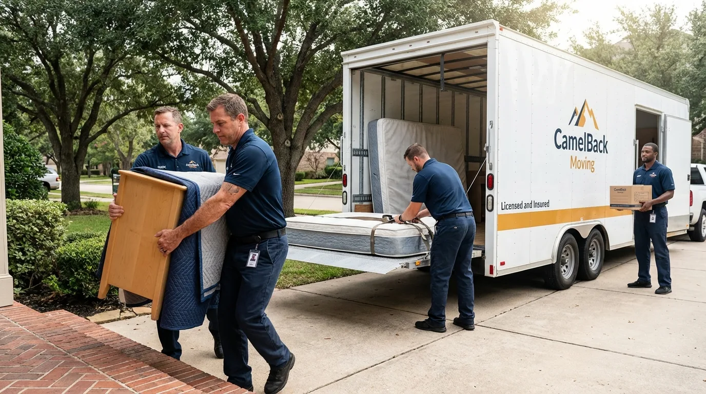 Crew loading residential truck for cross-state move from Eddyville, IA