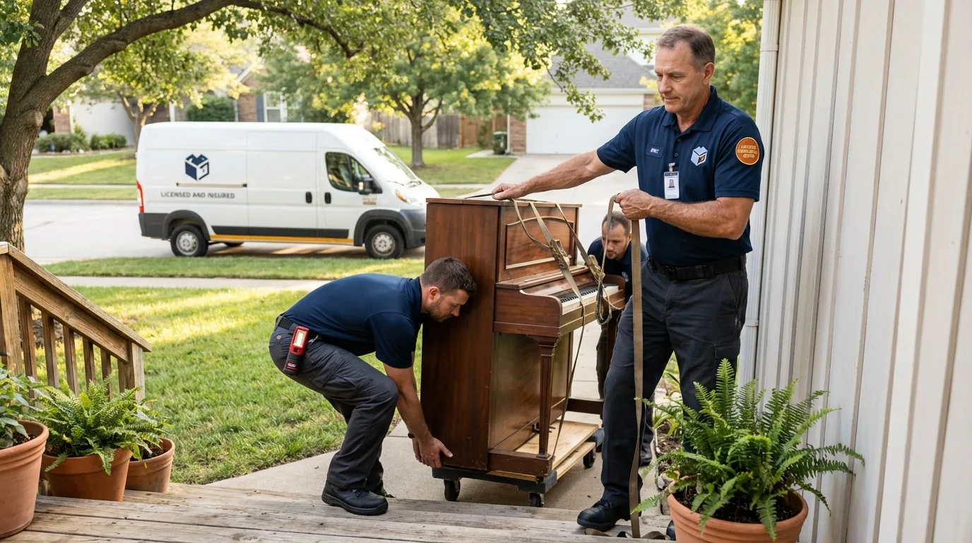 Licensed piano movers securing grand piano in Eddyville, IA