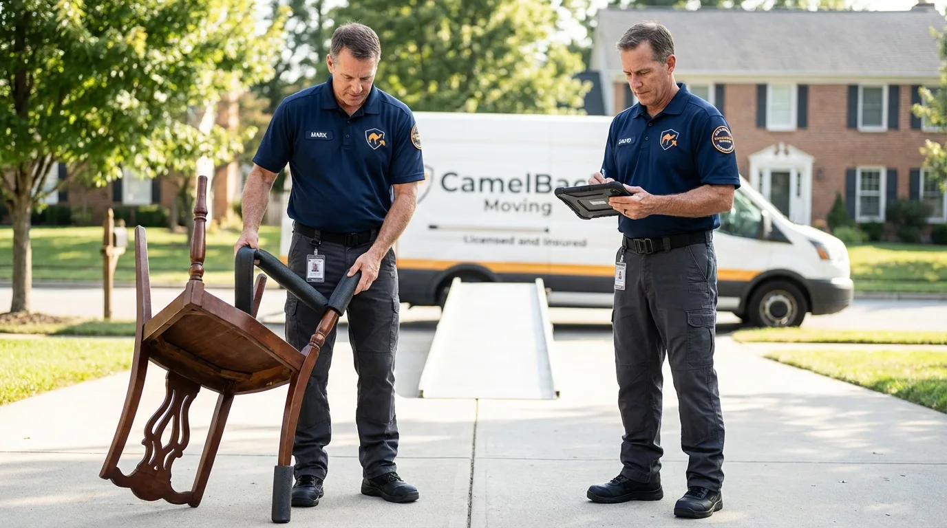 Movers inspecting furniture for damage prevention before loading in Eddyville, IA