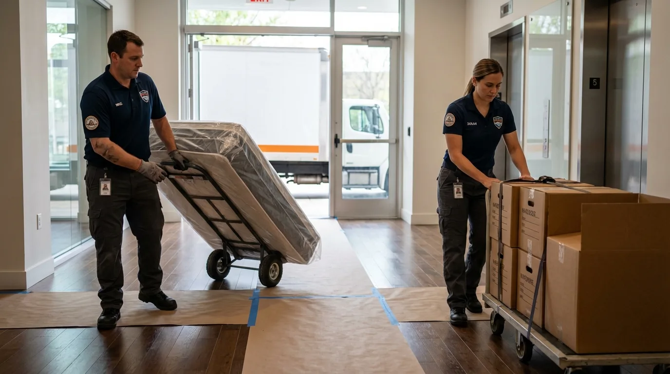 Professional apartment movers loading elevator in Eddyville, IA