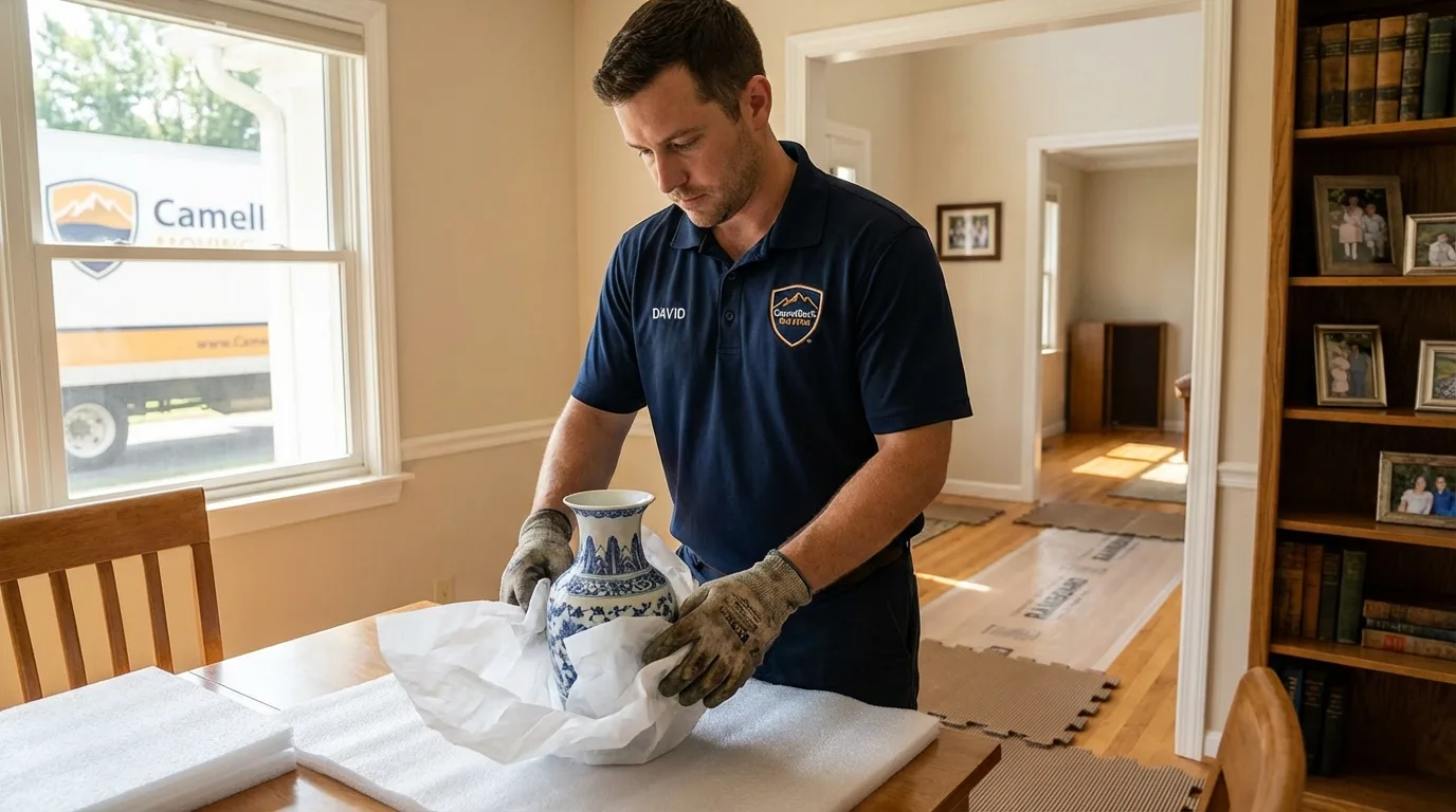 Professional crew carefully wrapping antique vase for senior downsizing move in Eddyville, IA